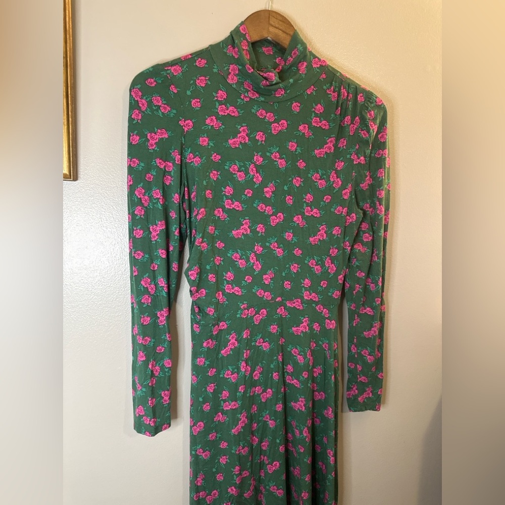 ModCloth Green Pink Rose Floral Mock Neck Dress Medium Long Sleeve Cottagecore - Picture 5 of 9